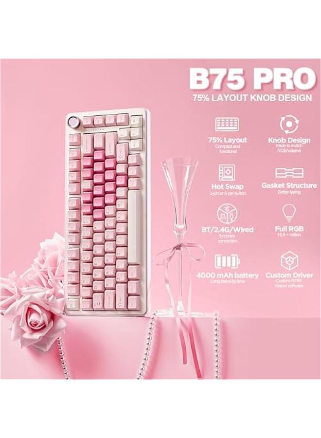 B75 PRO Wireless Mechanical Keyboard,75% Layout with Knob,Hot Swap Gasket Custom Structure,Creamy Pre-lubed Switches,RGB Backlit,Bluetooth/Type-C/2.4G for Win/Mac(Milk Switch,Pink) - Image 2